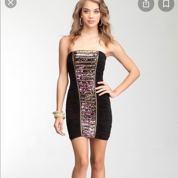 Black Multi-Color Sequined Ruched Tube Dress - Picture 7 of 8